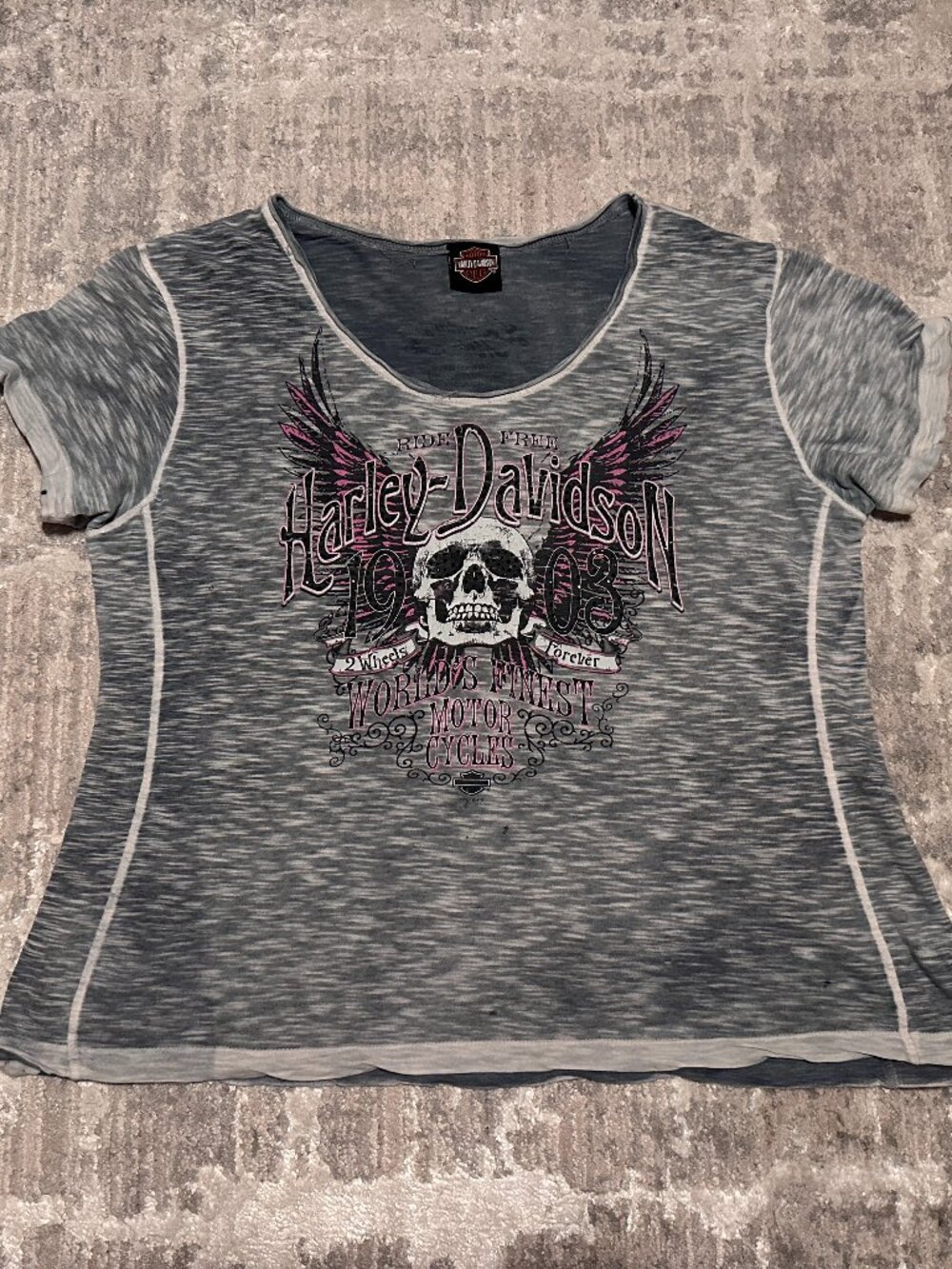 Y2K Harley Davidson Distressed Paper Thin Rhinestone Skull T-Shirt Size XXL 2XL